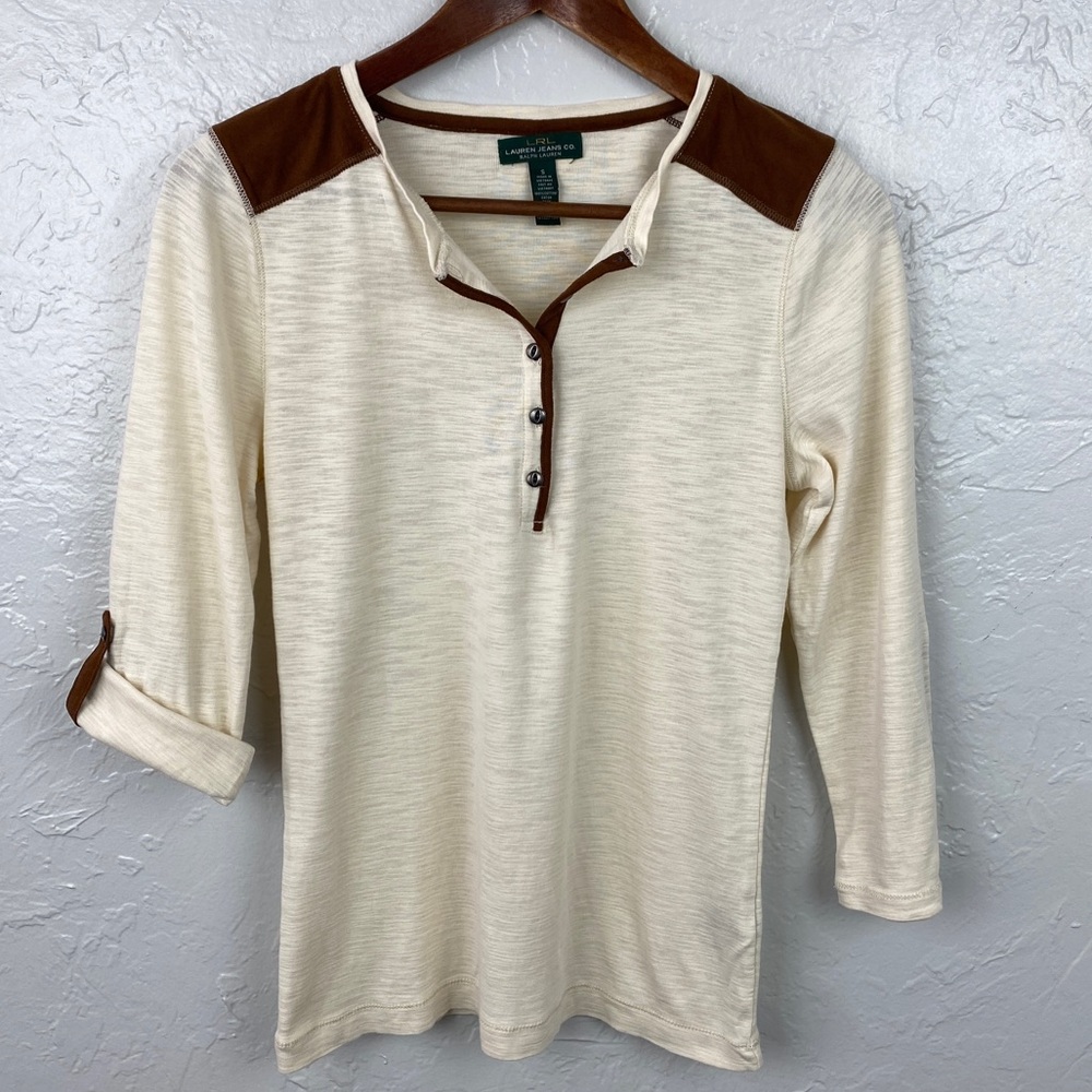Lauren Ralph Lauren western cream henley shirt with faux leather trim Small